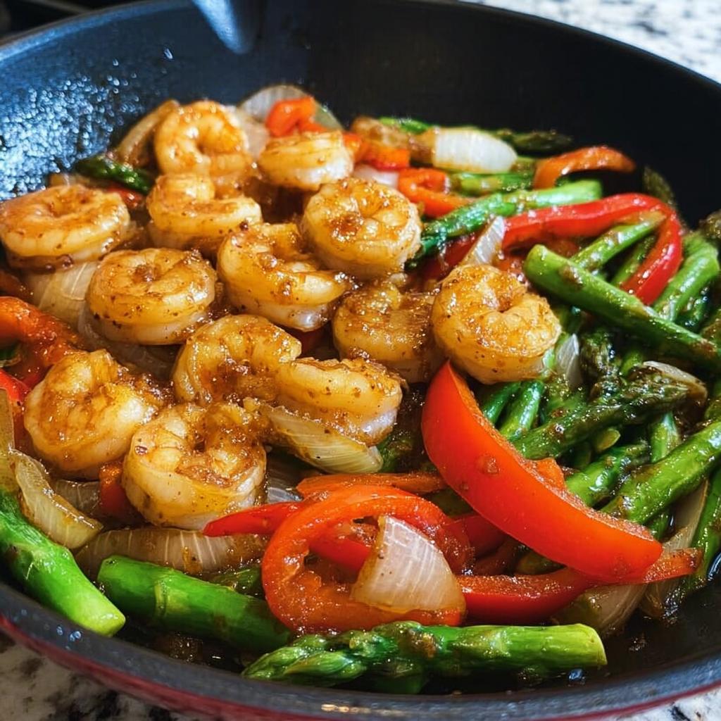 Close-up of perfectly cooked Honey Garlic Shrimp Stir Fry with asparagus, red peppers, and onions in a black skillet.
