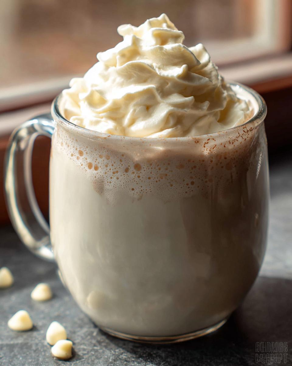 A tall glass mug filled with creamy Hot Chocolate Starbucks Style, topped with a generous swirl of whipped cream.