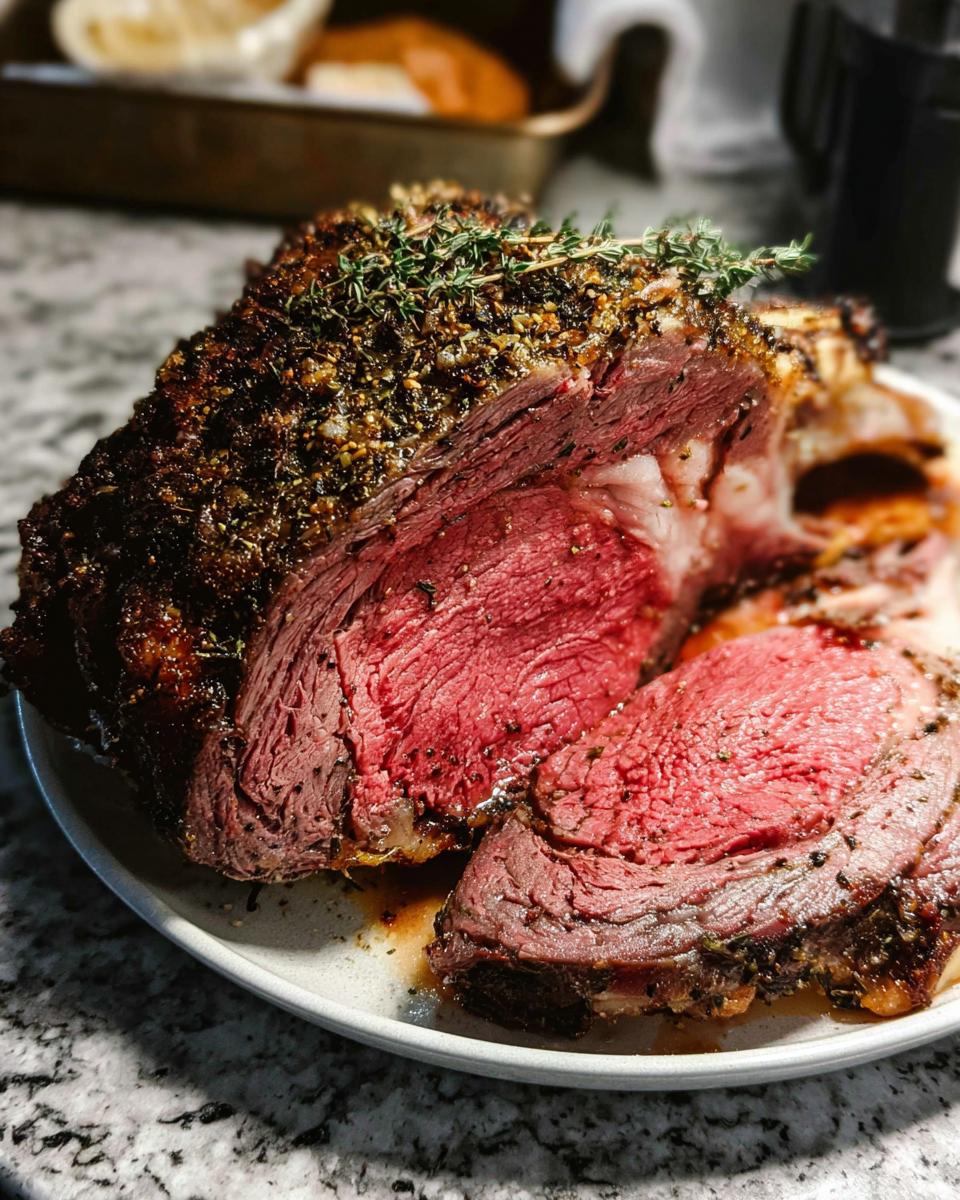 Cross-section of a medium-rare prime rib roast showing a vibrant red center and dark herb crust.
