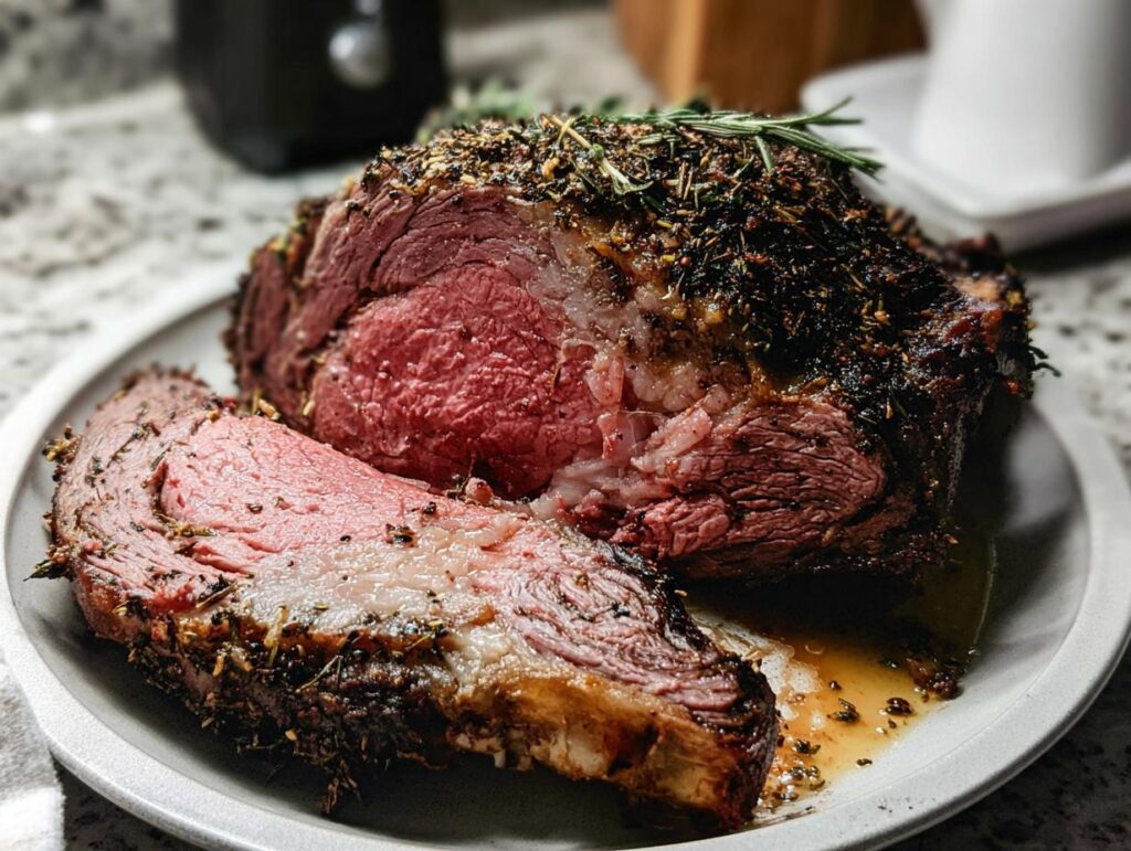 A thick slice of medium-rare prime rib, showing a beautiful herb crust, ready to serve.