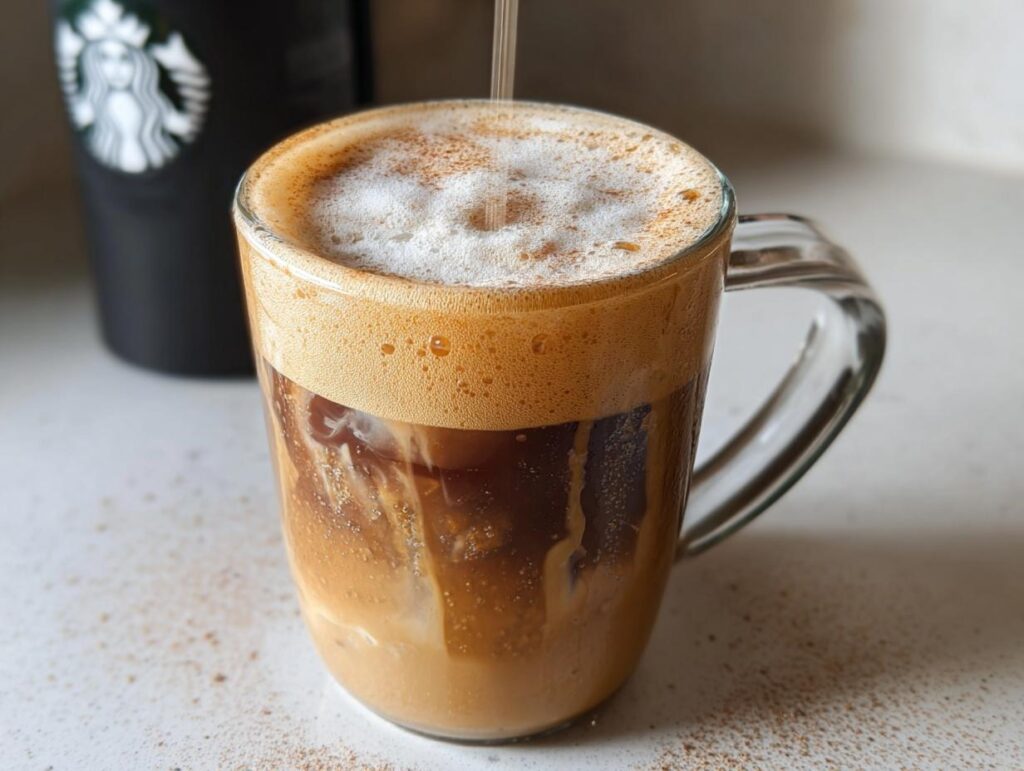 Close-up of an Iced Brown Sugar Oatmilk Shaken Espresso with thick foam topping in a clear glass mug.
