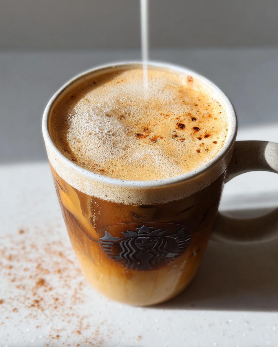 Close-up of Iced Brown Sugar Oatmilk Shaken Espresso being topped with foam, showing layers in a Starbucks mug.