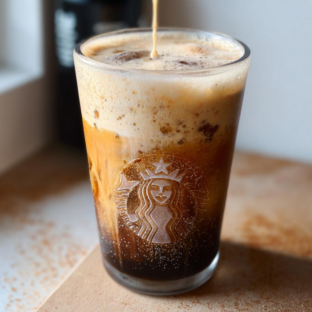 Espresso being poured over ice and oatmilk to create an Iced Brown Sugar Oatmilk Shaken Espresso.