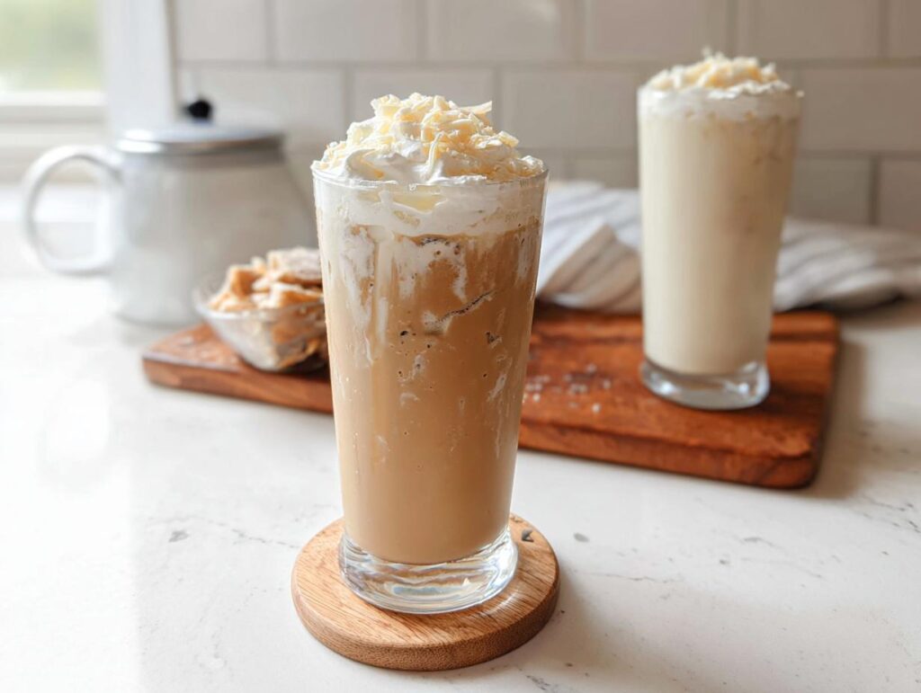 Two tall glasses of Iced White Chocolate Mocha (Classic) topped with whipped cream and white chocolate shavings.