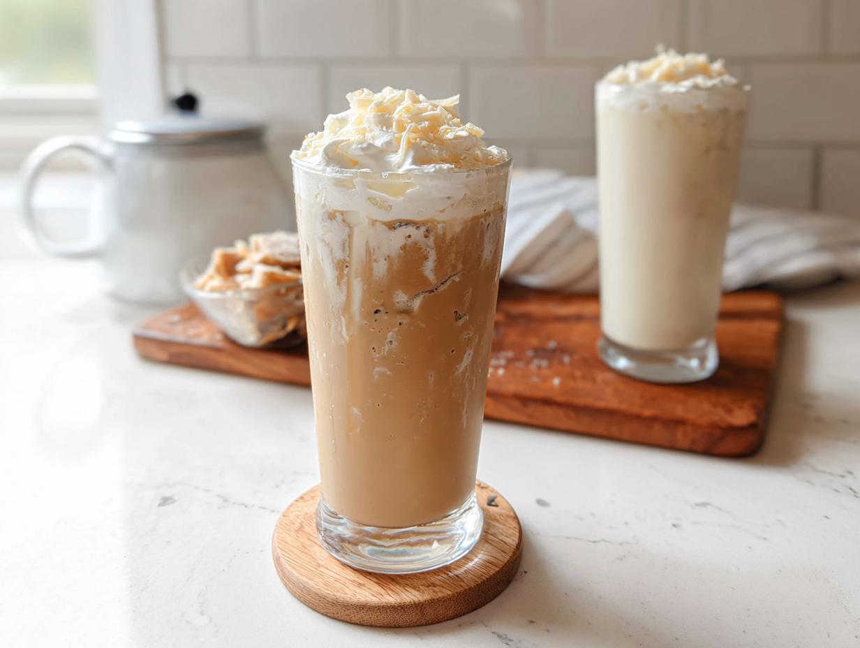Two tall glasses of Iced White Chocolate Mocha (Classic) topped with whipped cream and white chocolate shavings.