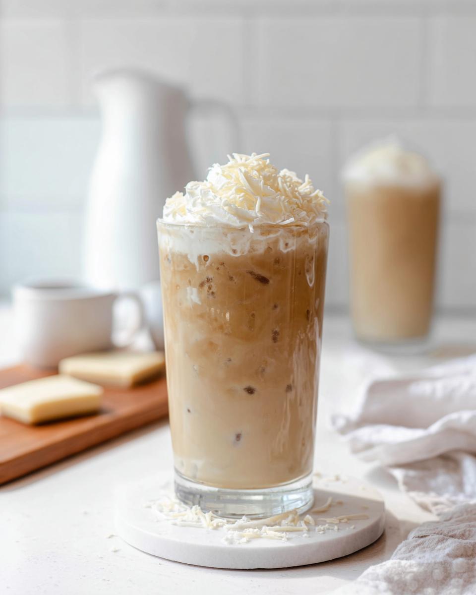 A tall glass of Iced White Chocolate Mocha (Classic) topped with whipped cream and white chocolate shavings.