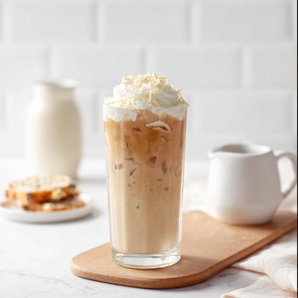 A tall glass filled with an Iced White Chocolate Mocha (Classic), topped with whipped cream and white chocolate shavings.