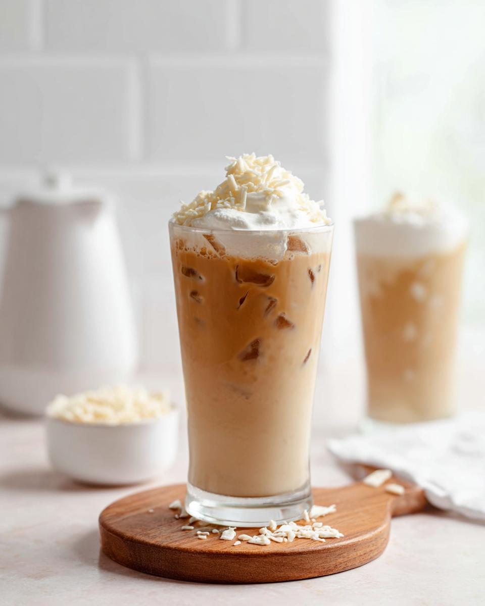 A tall glass of Iced White Chocolate Mocha topped with whipped cream and white chocolate shavings.