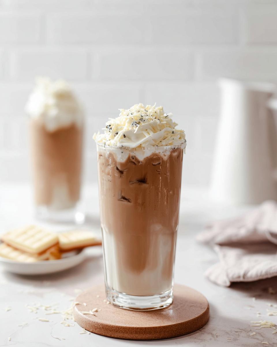 Tall glass of Iced White Chocolate Mocha layered with milk and coffee, topped with whipped cream and white chocolate shavings.