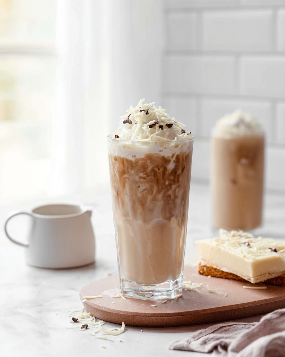 A tall glass of Iced White Chocolate Mocha topped with whipped cream and white chocolate shavings.
