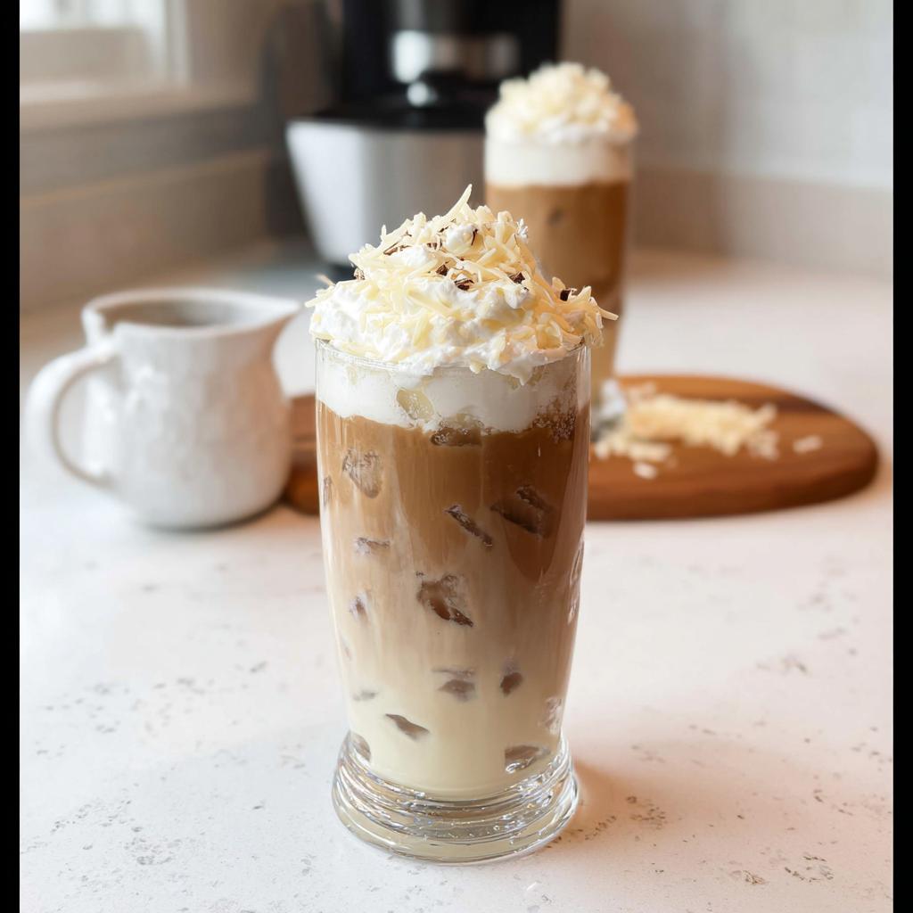 A tall glass filled with an iced white mocha recipe, layered with cream and white chocolate shavings.