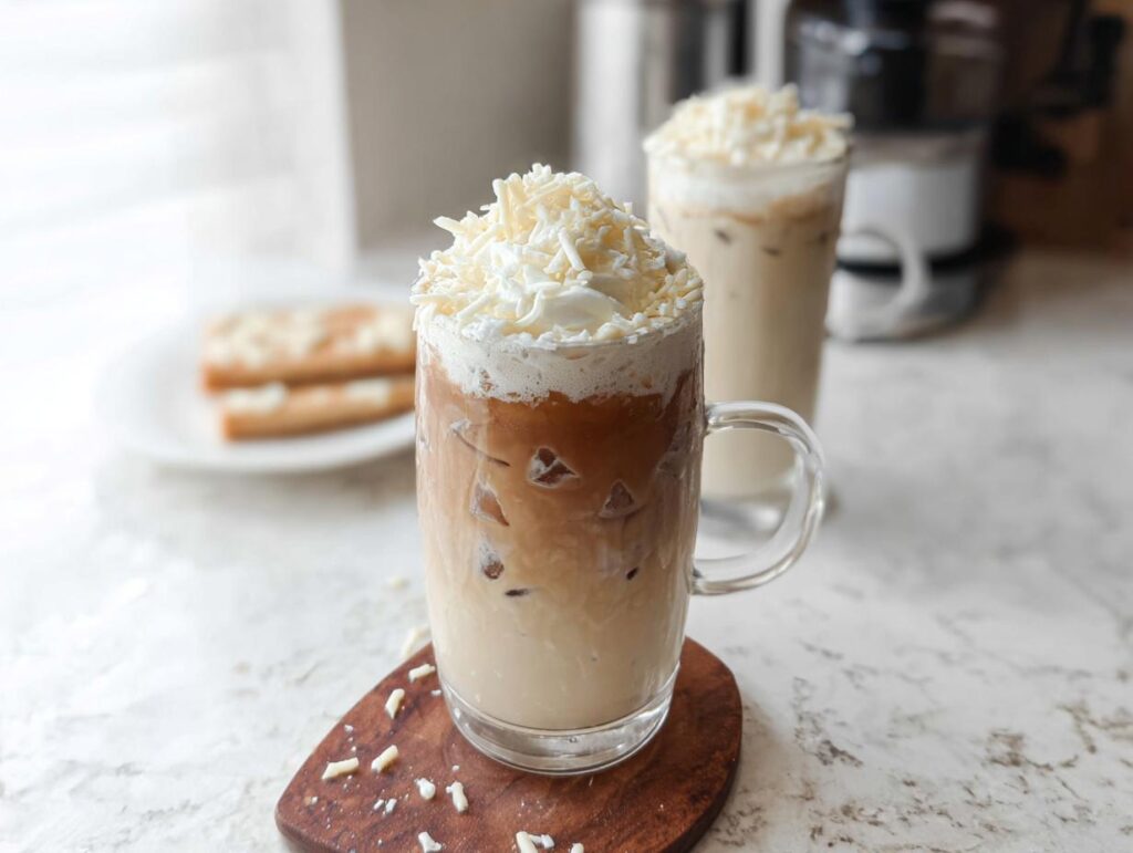 A tall glass filled with an Iced White Mocha Recipe, layered with coffee, milk, and topped with whipped cream and white chocolate shavings.