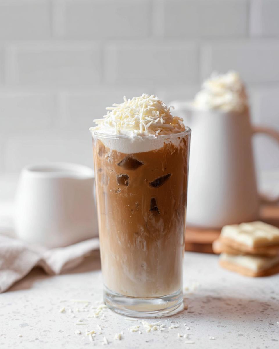 A tall glass filled with an Iced White Mocha Recipe, topped with whipped cream and white chocolate shavings.