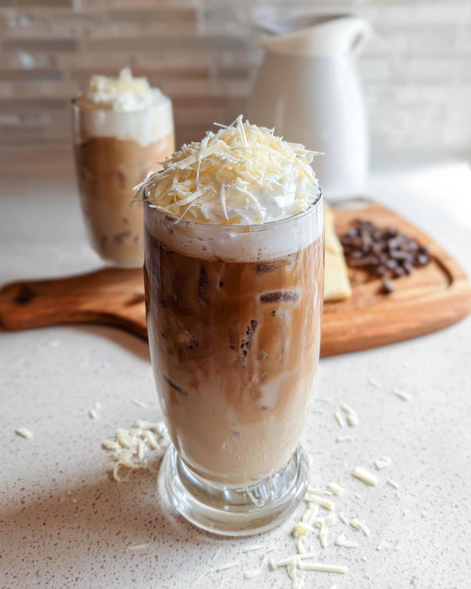 A tall glass filled with an Iced White Mocha Recipe, topped with whipped cream and white chocolate shavings.