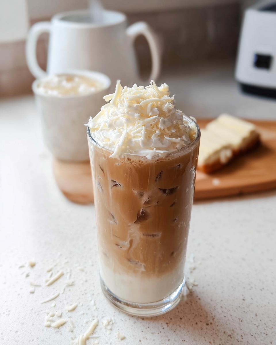A tall glass of Iced White Mocha Recipe topped with whipped cream and white chocolate shavings.