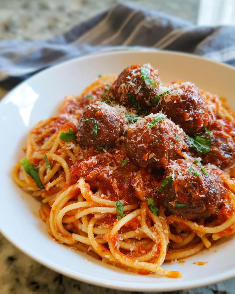 A close-up of a white bowl filled with Italian Spaghetti and Meatballs, topped with grated Parmesan cheese and fresh herbs.