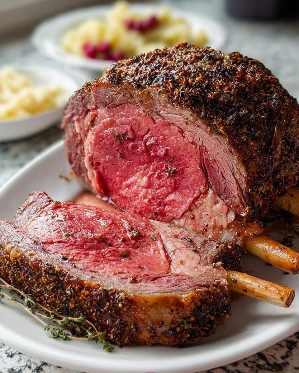 A thick, perfectly cooked Prime Rib roast sliced to reveal a juicy, medium-rare center with a dark herb crust.