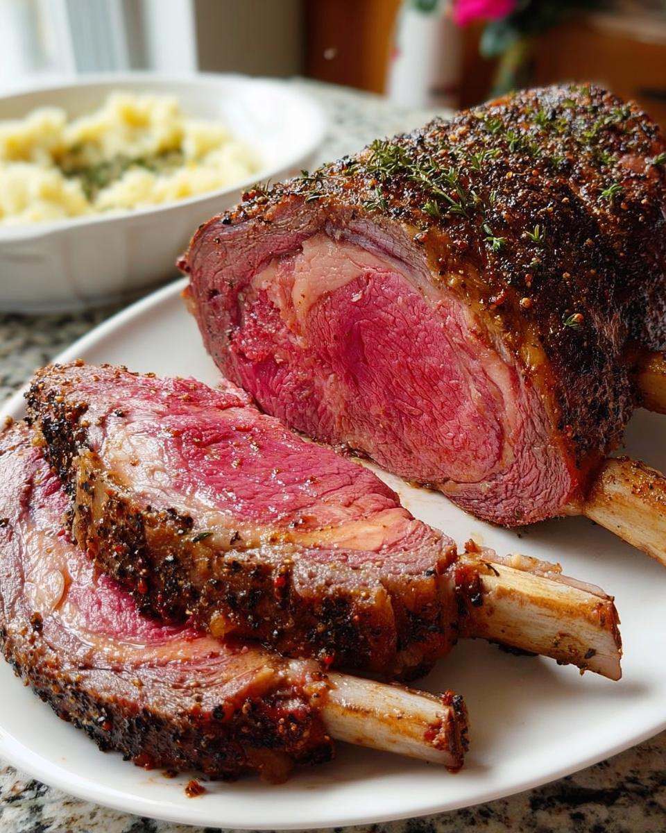 Close-up of a juicy, tender Prime Rib roast, perfectly cooked medium-rare, served with bones attached.
