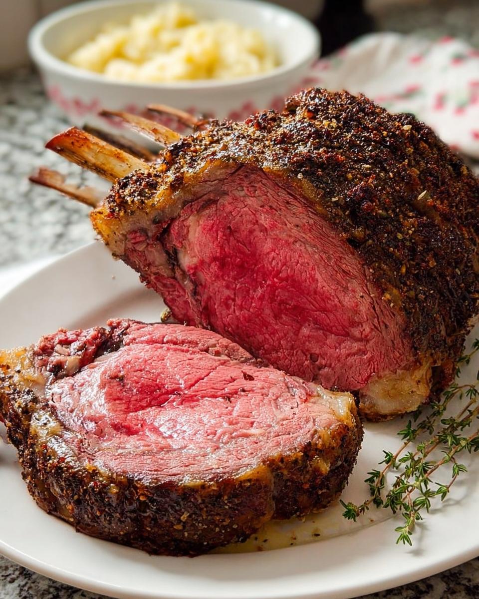 A thick slice of juicy, medium-rare Prime Rib roast with a dark herb crust, served on a white plate.