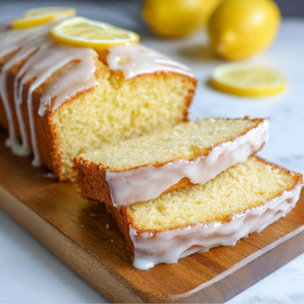 A sliced Lemon Cake Loaf with a white glaze and lemon slices on top, served on a wooden board.