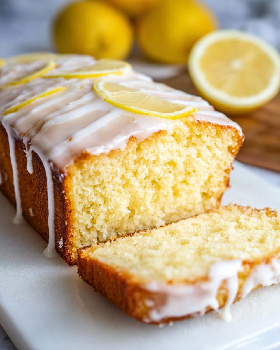 Close-up of a sliced Lemon Cake Loaf topped with white glaze and lemon slices.