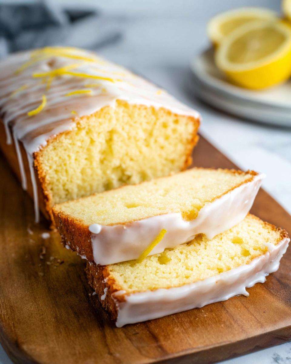 Close-up of a sliced Lemon Cake Loaf with a white glaze and lemon zest on top, served on a wooden board.