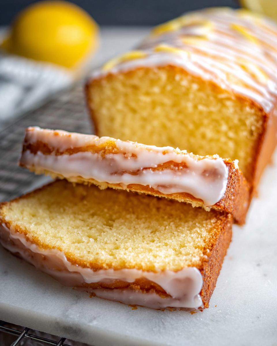 Two slices of moist Lemon Cake Loaf topped with a sweet white glaze and lemon zest.