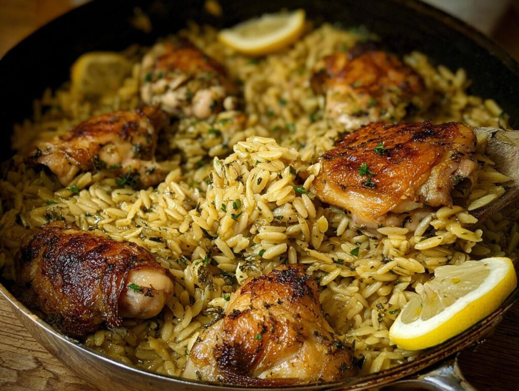 Close-up of Lemon Herb Chicken Orzo Skillet featuring crispy chicken thighs nestled in seasoned orzo pasta.