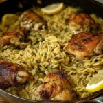Close-up of Lemon Herb Chicken Orzo Skillet featuring crispy chicken thighs nestled in seasoned orzo pasta.