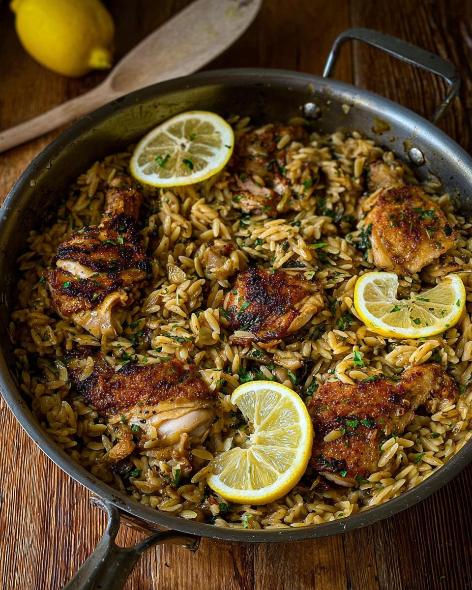 A close-up of Lemon Herb Chicken Orzo Skillet served directly in a metal pan, garnished with lemon slices.