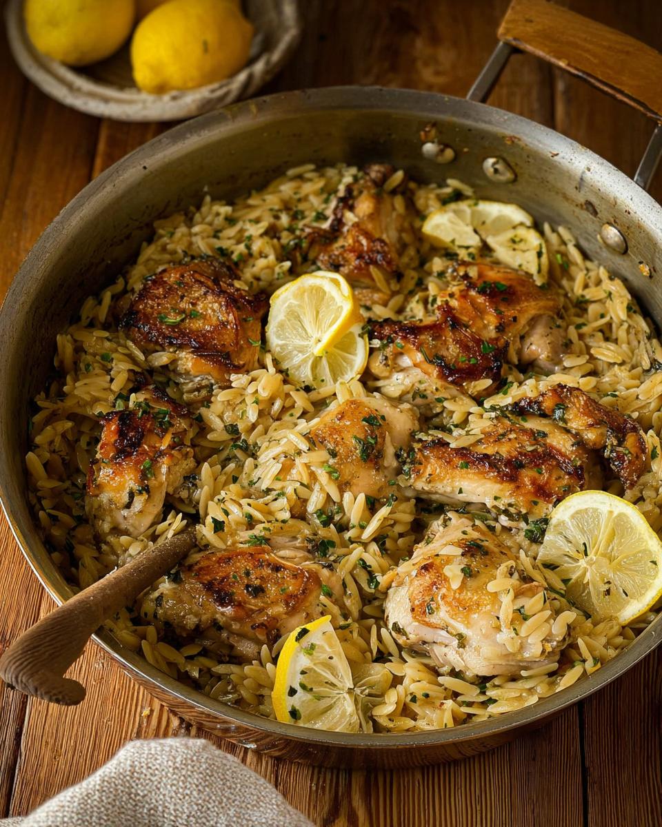 Close-up of Lemon Herb Chicken Orzo Skillet with crispy chicken thighs nestled in orzo pasta, garnished with lemon slices.