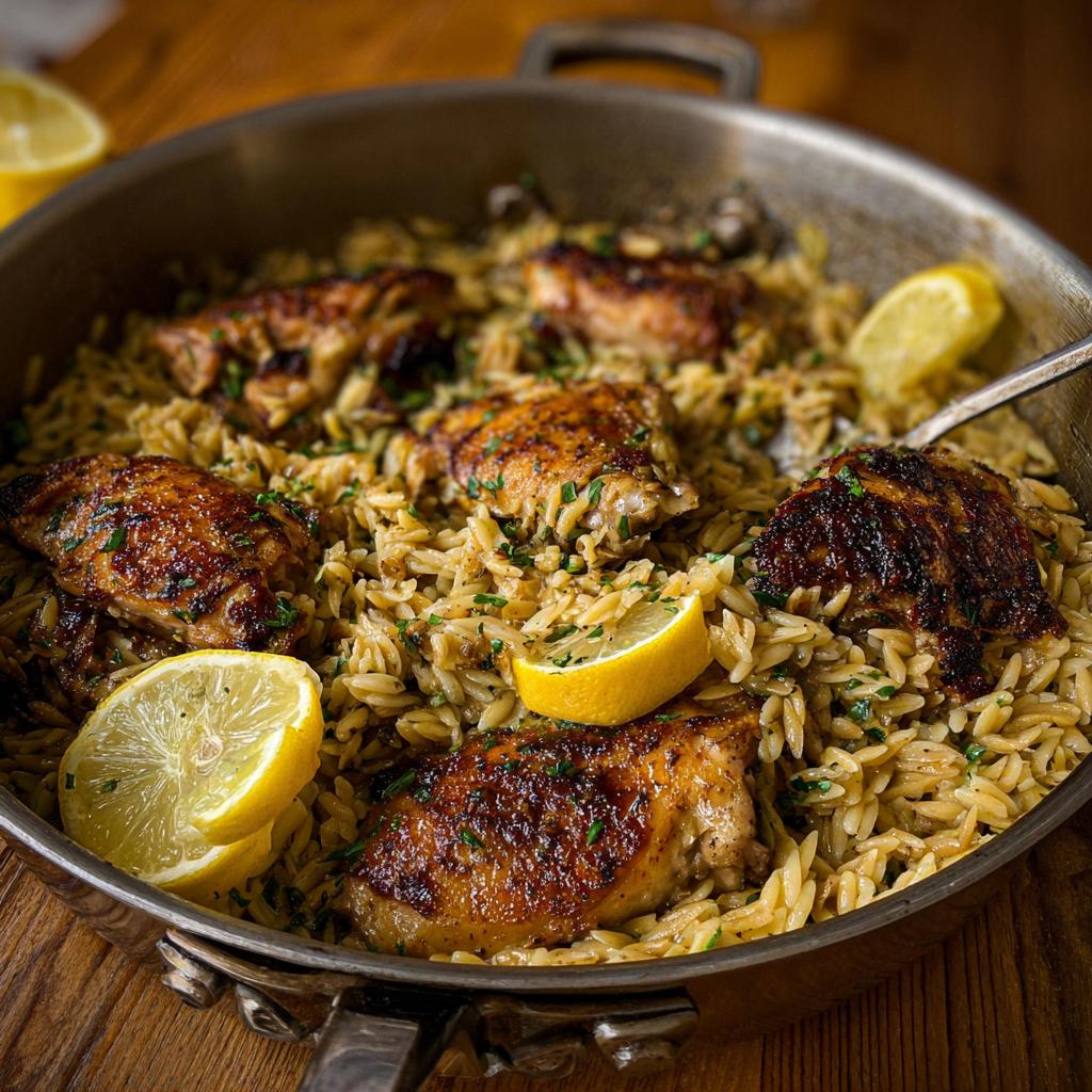 Five pieces of browned chicken thighs served over orzo pasta in a skillet, garnished with fresh lemon slices for Lemon Herb Chicken Orzo Skillet.