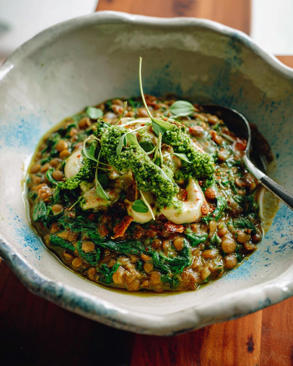 A close-up of a bowl of hearty lentil stew with spinach, topped with pesto and herbs.