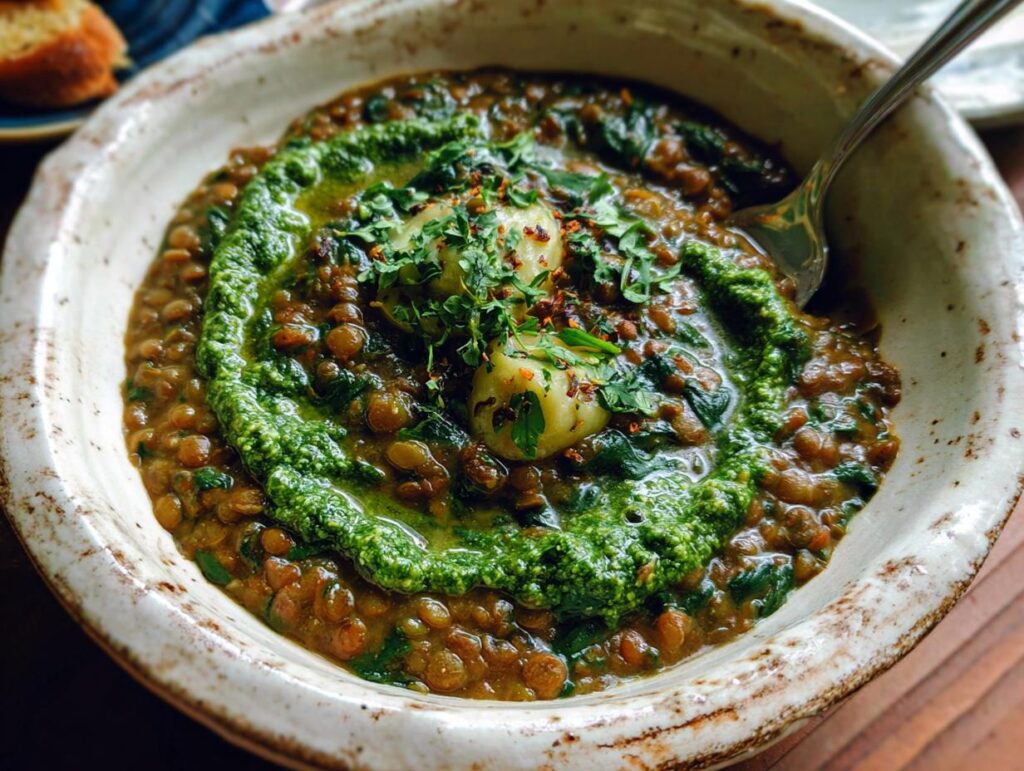A close-up of a rustic bowl filled with hearty lentil stew with spinach, topped with a swirl of vibrant green pesto and fresh herbs.