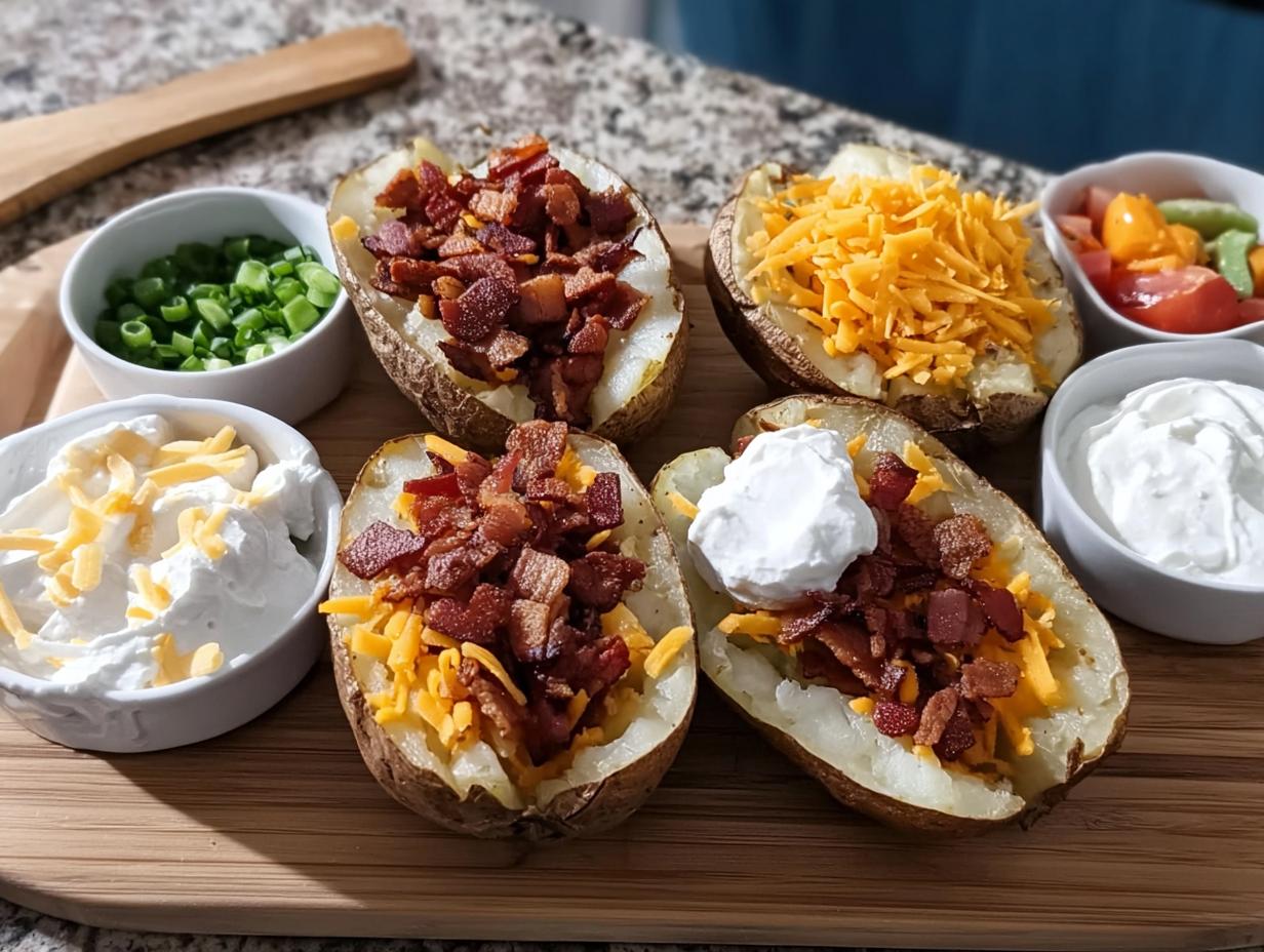 Four halves of loaded baked potatoes with bacon, cheese, and sour cream, surrounded by bowls of toppings.