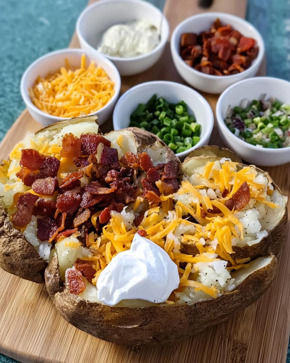 A fully loaded baked potato topped with bacon, shredded cheddar cheese, and a dollop of sour cream, with toppings nearby.