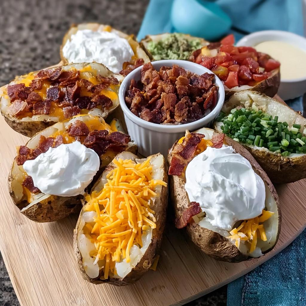 A platter of various Loaded Baked Potatoes with toppings like cheese, bacon, sour cream, and chives.