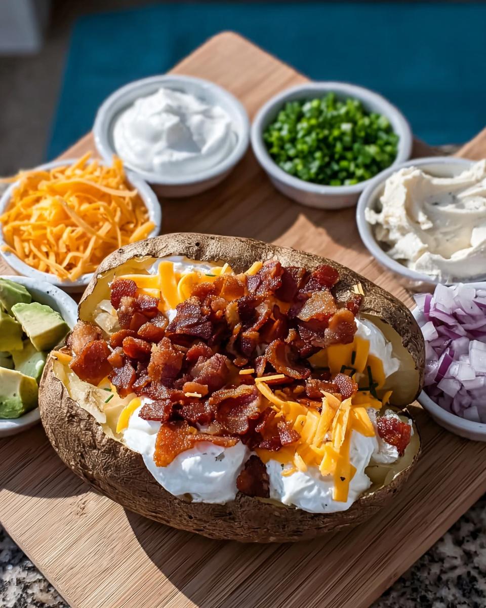 A fully loaded baked potato topped with sour cream, shredded cheddar, and crispy bacon, surrounded by toppings for a bar night spread.