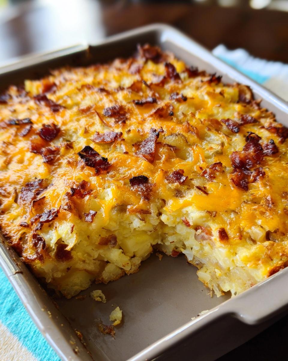 A close-up of a baked Loaded Breakfast Casserole with Bacon and Potatoes, topped with melted cheddar cheese and crispy bacon bits.
