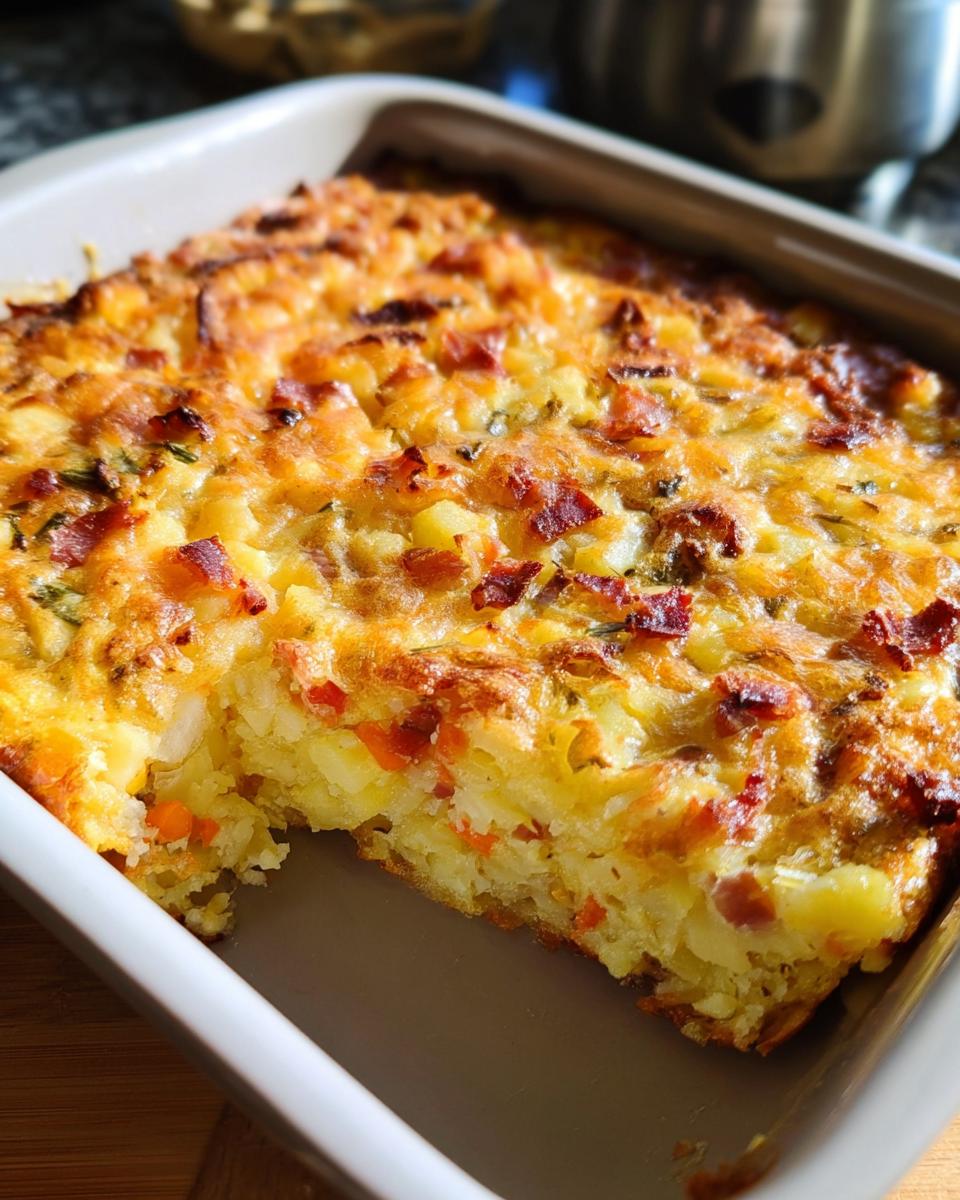 A square, golden-brown Loaded Breakfast Casserole with Bacon and Potatoes, showing a piece removed from the corner.
