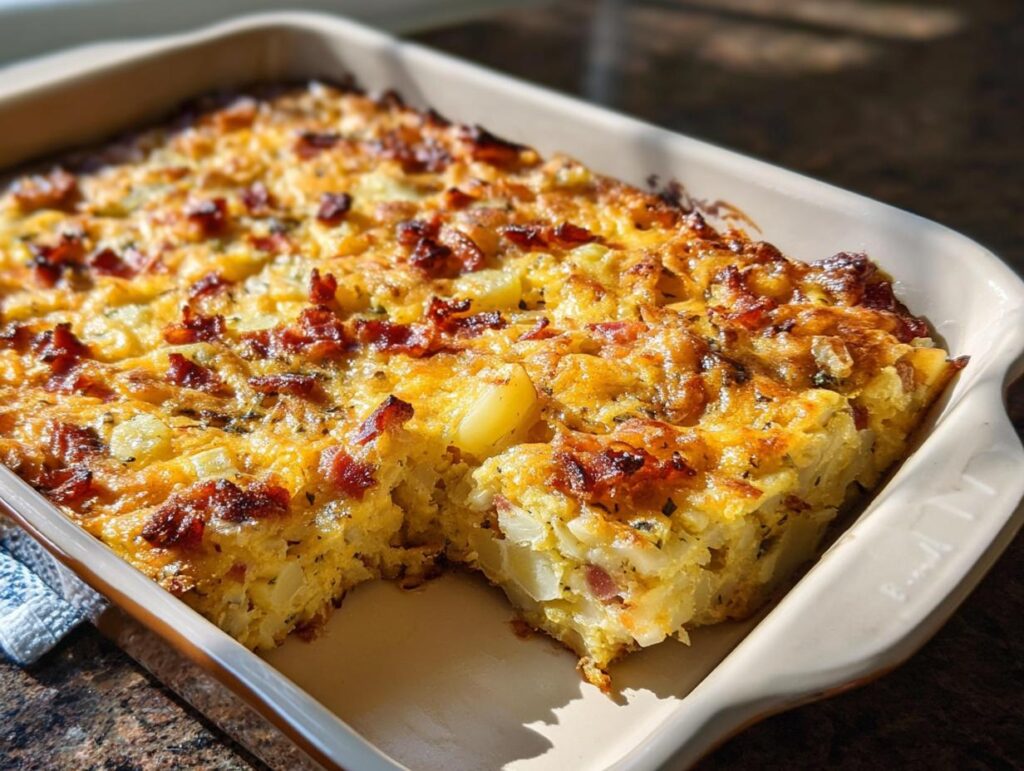 A freshly baked Loaded Breakfast Casserole with Bacon and Potatoes showing a slice removed, featuring golden cheese and crispy bacon.