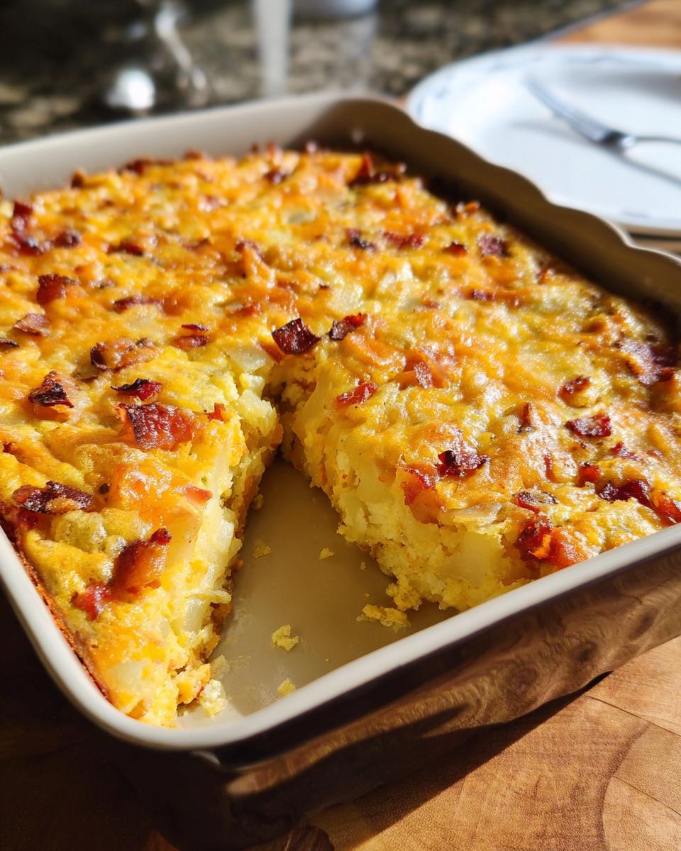 A freshly baked Loaded Breakfast Casserole with Bacon and Potatoes in a square baking dish, showing a slice removed.