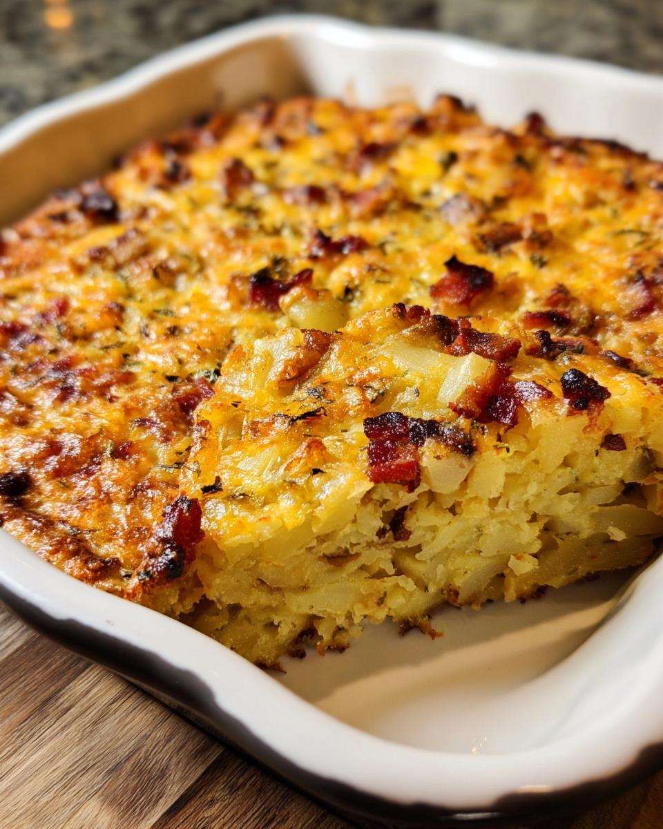 A close-up of a slice being removed from a golden-brown Loaded Breakfast Casserole with Bacon and Potatoes.