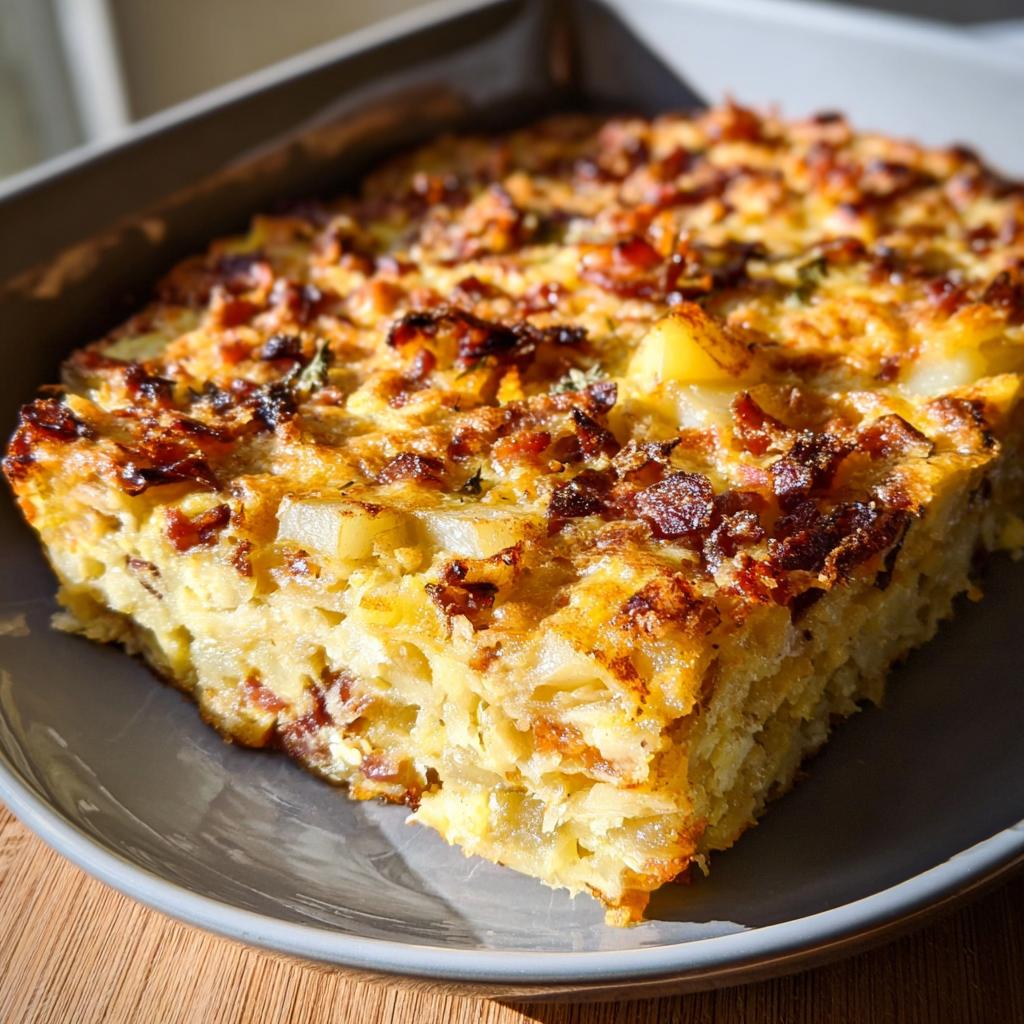 A golden-brown slice of Loaded Breakfast Casserole with Bacon and Potatoes, showing crispy bacon bits and chunks of potato.