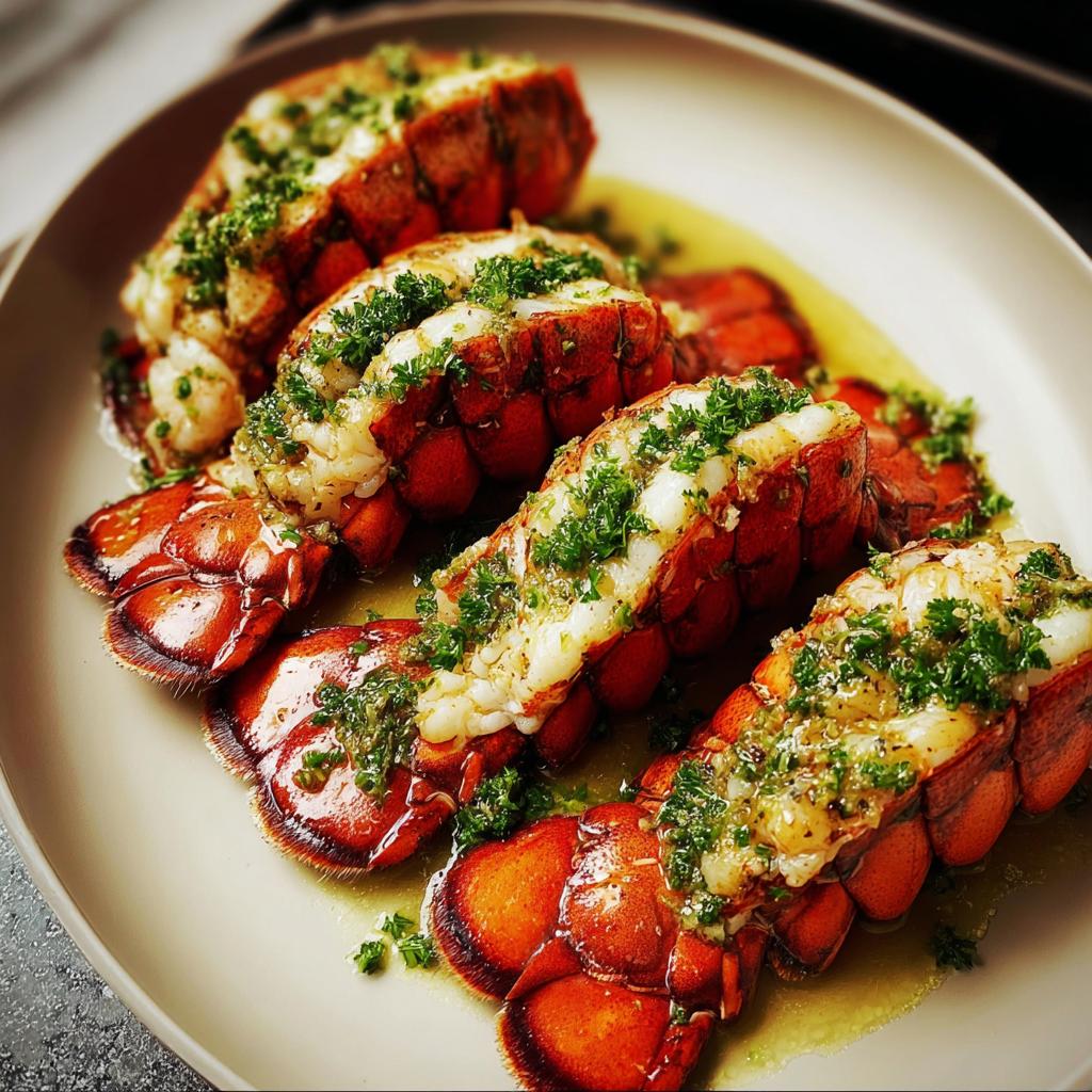 Four cooked Lobster Tails with Garlic Lemon Butter, topped with fresh parsley, served on a light platter.