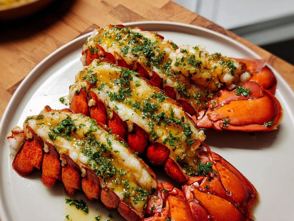Three cooked lobster tails topped generously with garlic lemon butter and fresh parsley.