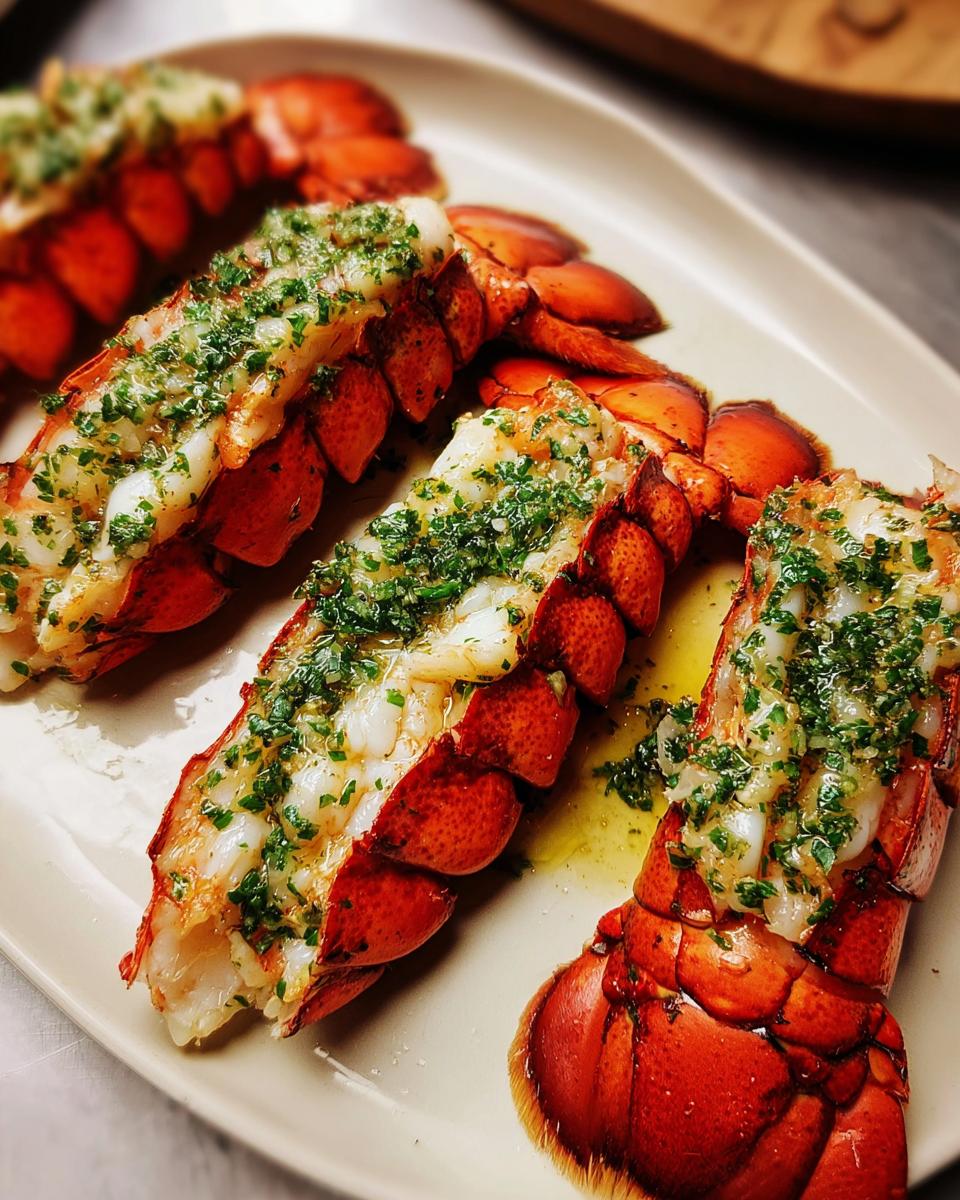 Four cooked Lobster Tails with Garlic Lemon Butter sauce generously spooned over the white meat.