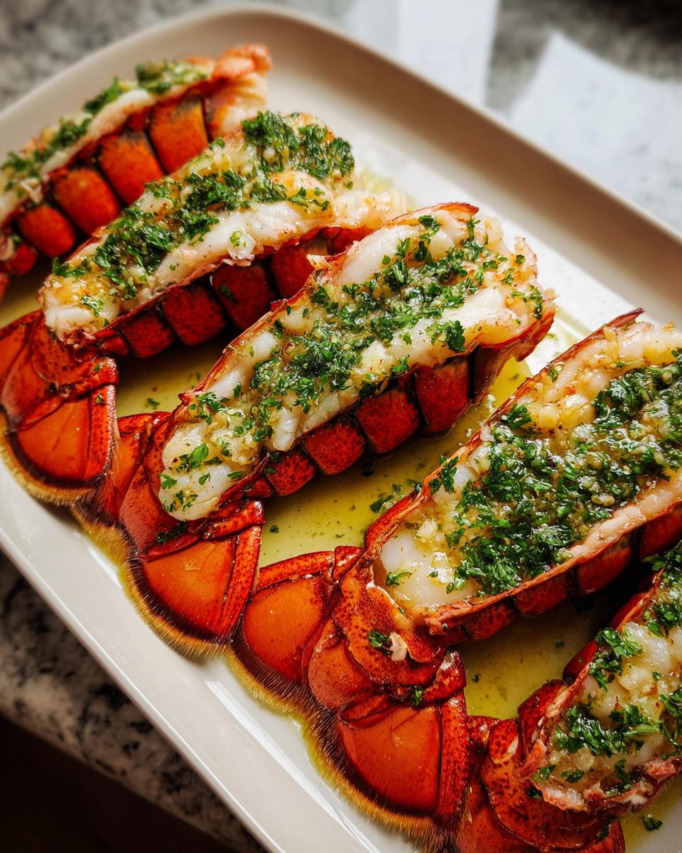 Four cooked lobster tails split open and topped with garlic lemon butter and fresh parsley.