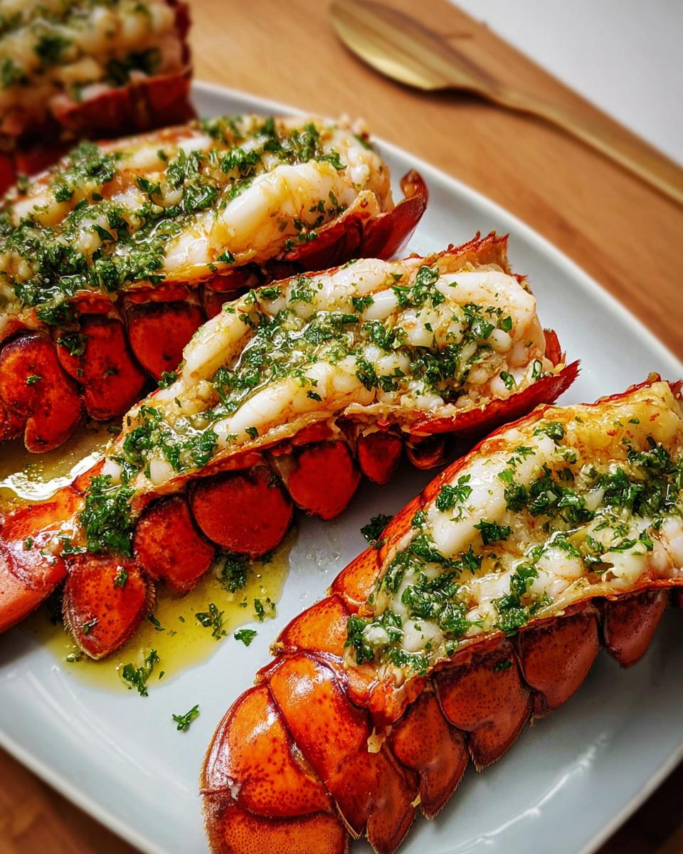 Three cooked lobster tails split open and topped with garlic lemon butter sauce and fresh parsley.
