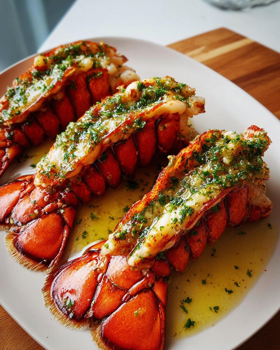Three cooked lobster tails split open, topped with garlic lemon butter and fresh parsley.